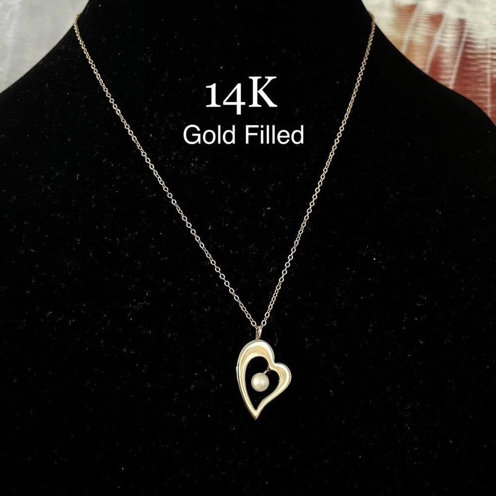 14K YELLOW NECKLACE GOLD FILLED HEART PEARL PENDANT CHAIN VINTAGE GENTLE WORN